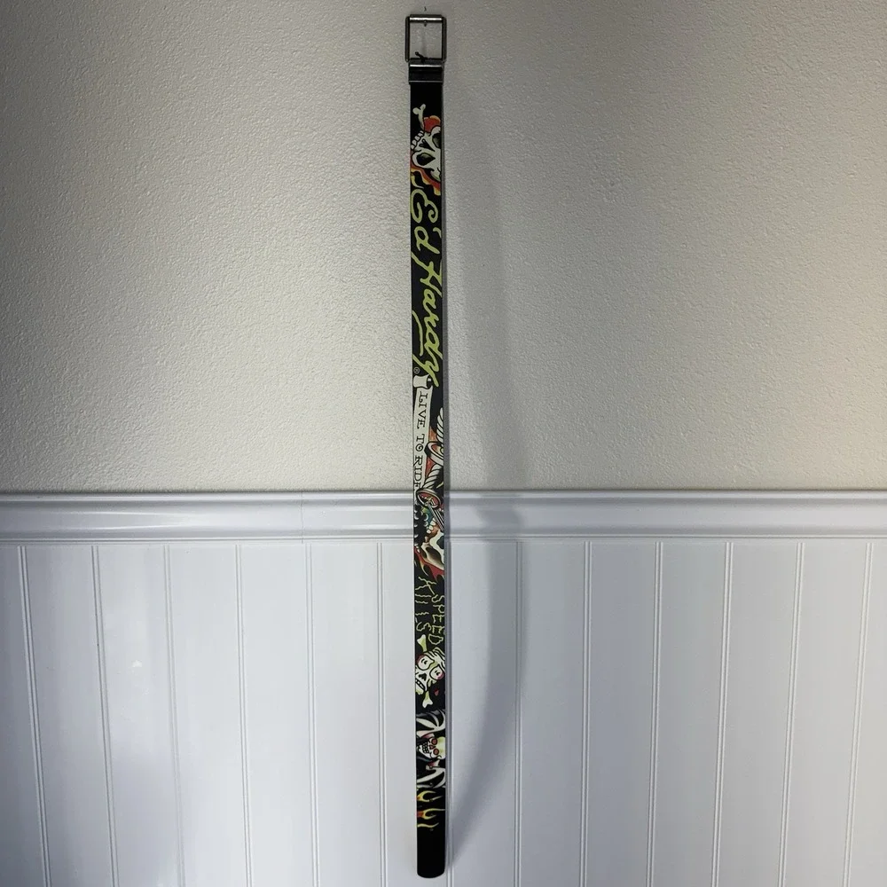 Ed Hardy black leather belt with colorful graffiti-style graphics Size 36 Waist